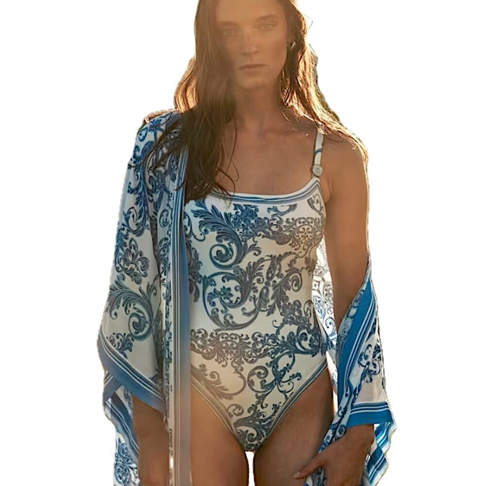La Seine Women's Scarf Wrap Scarf Blue White Floral Geometric Fringe Classic NEW